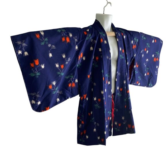 Vtg AI Kimono Jacket Womens Medium Navy Blue Red Floral Print Yukata Robe Japan - Picture 2 of 9